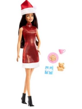 NWT Barbie Red Glitter Santa Doll Brunette